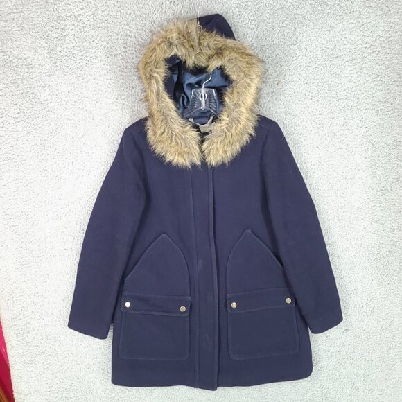 J Crew Jacket Womens 6 Blue Parka Full Zip 50% Wool Winter Heavy Hooded - Picture 1 of 14